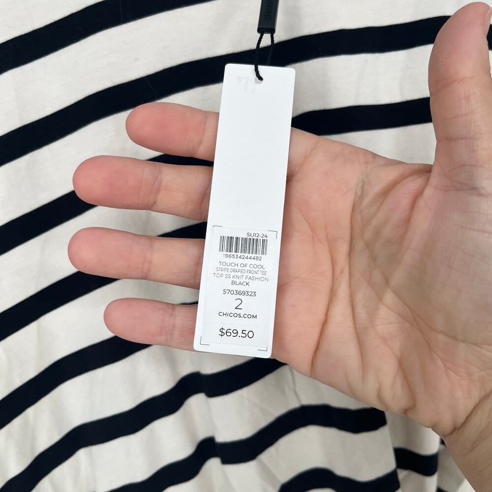 Chicos Touch Of Cool Stripe Draped Front Tee Short Sleeve Knit Black White Large - Picture 4 of 8